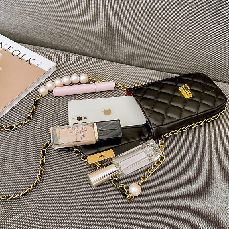 FLOWERSVERSE  Pearl Chain Diamond Check Bag Female  New Women's Chic Bag Crossbody Bag Classic Style Mobile Phone Bag Factory Customization