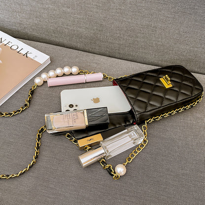 FLOWERSVERSE  Pearl Chain Diamond Check Bag Female  New Women's Chic Bag Crossbody Bag Classic Style Mobile Phone Bag Factory Customization
