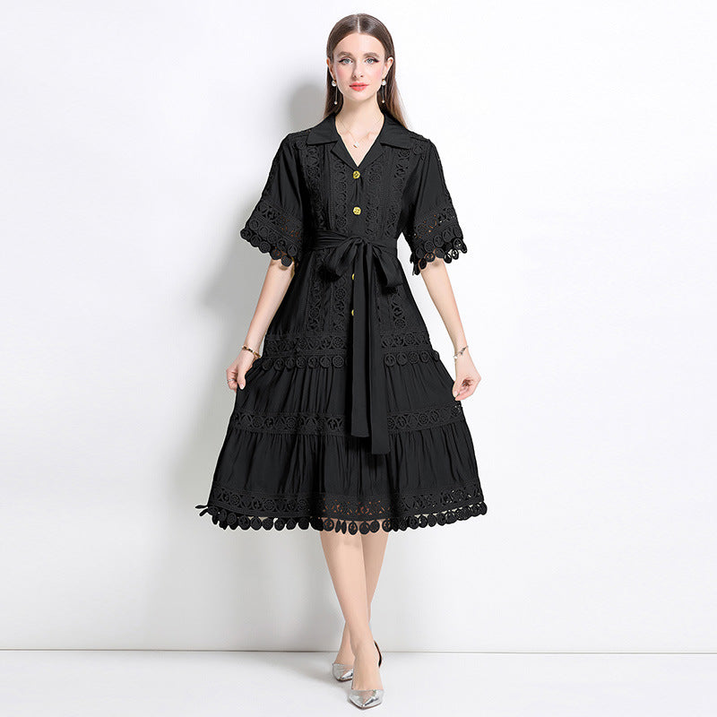 court style hollow lace splicing lapel short-sleeved dress women's lace-up waist elegant pendulum medium and long dress