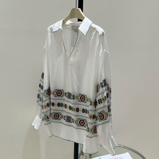 2025 Elegant ethnic style! Niche retro pattern embroidery edging cotton skirt + shirt top set
