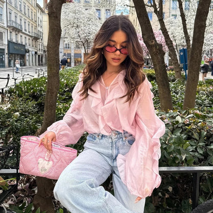 high-end design sense solid color temperament chiffon ruffle edge zipper top versatile comfortable loose long-sleeved shirt