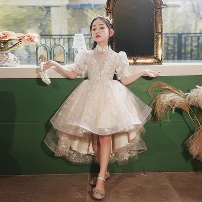 flowersverse Girls' Dress Light Luxury Minority High-End Children's Princess Dress Flower Girl's Wedding Dress Little Host Trailing Performance Dress