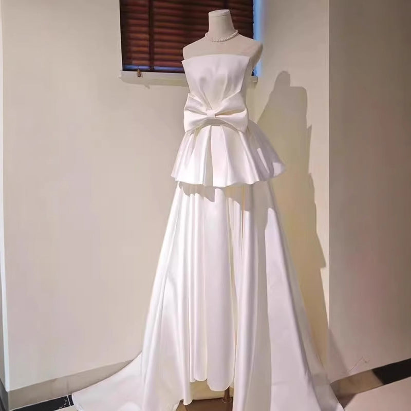 2025 tube top light wedding dress bride simple niche satin temperament go out yarn Mori bow engagement dress skirt