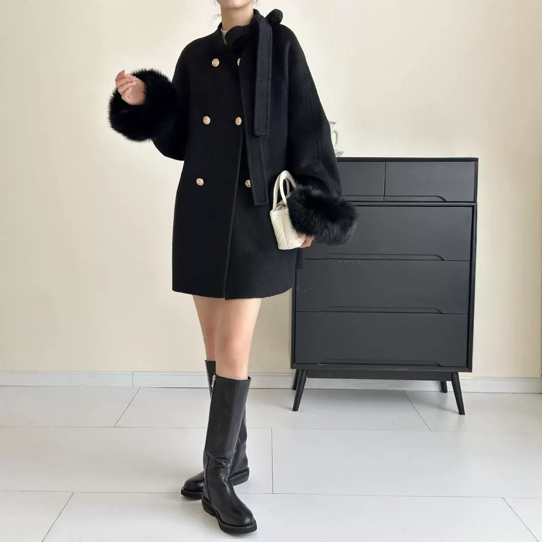 2025 Bow fox hair cuffs shoulder sleeves stand neck double breasted double-sided wool woolen coat jacket warm autumn and winter