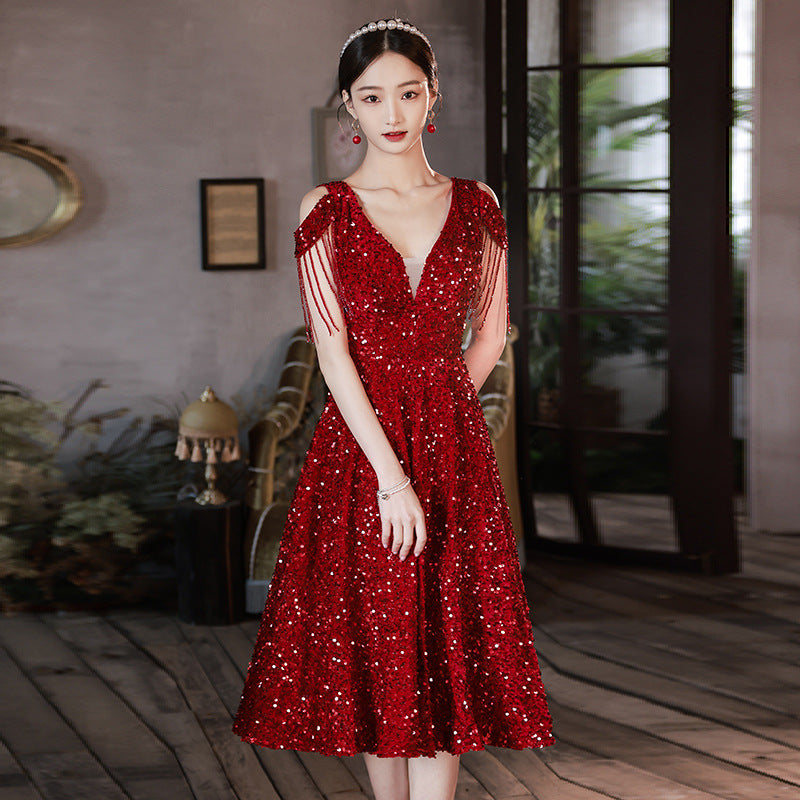Burgundy Bridal Toast Women's 2025 New Spring Wedding Engagement Sequins Dignified Atmospheric Evening Dress Dress Large Size