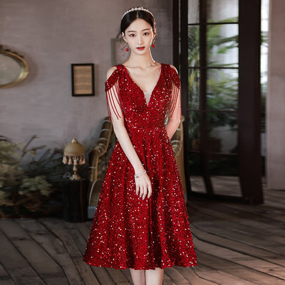 Burgundy Bridal Toast Women's 2025 New Spring Wedding Engagement Sequins Dignified Atmospheric Evening Dress Dress Large Size