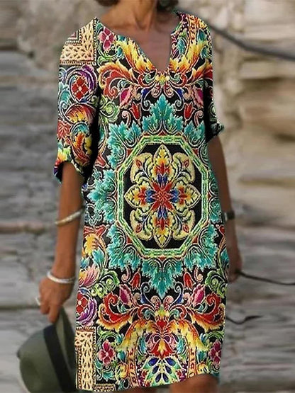 FLOWERSVERSE Chuyi popular spring 2025 0V neck sexy retro print retro dress women's casual medium and long dress