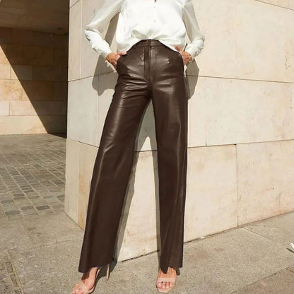 style Popular trade women's clothing popular autumn fashion PU leather medium and high waist hip lift straight women's casual pants women's pants