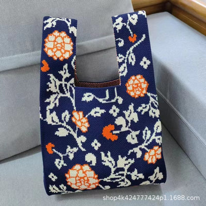 FLOWERSVERSE  INS Internet Hot New Handbag Women's Knitted Bag Japanese and Korean Style All-Match Hand Carrying Casual Tote Bag Factory Wholesale