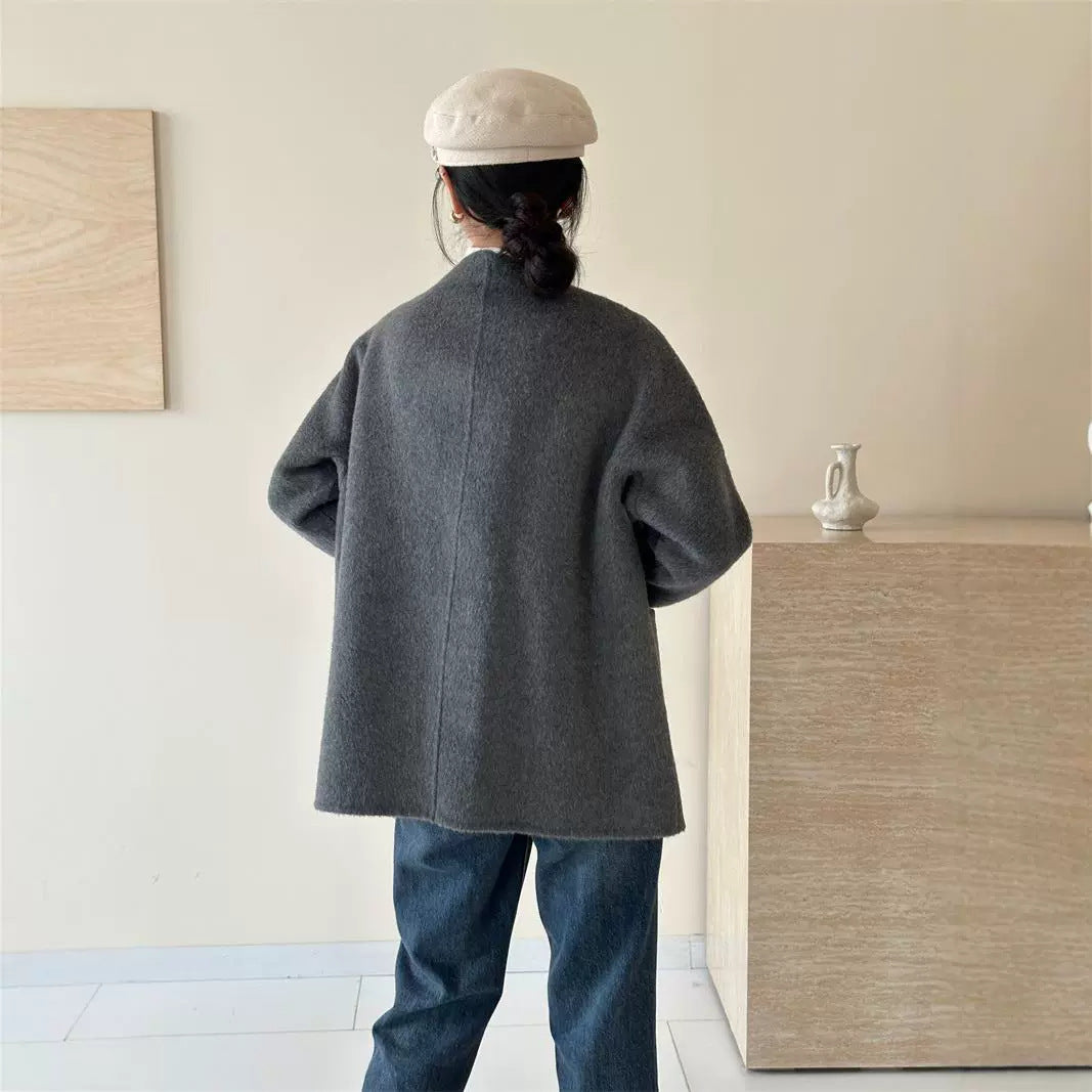 2025 Solid color V-neck lace-up horn buckle, national style double-sided wool woolen jacket, premium women's casual jacket to keep warm in autumn and winter