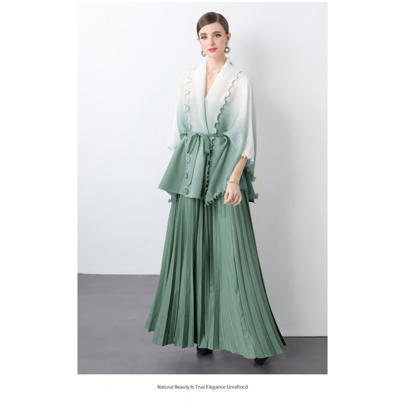 Fashion suit women's clothing strap waist gradual change color pleated cardigan top high waist pleated skirt two sets