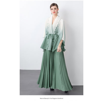 Fashion suit women's clothing strap waist gradual change color pleated cardigan top high waist pleated skirt two sets