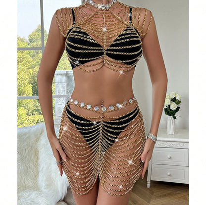 234023 2025 New hot-selling metal chain splicing multi-layer wave neck top fashionable hollow waist chain set