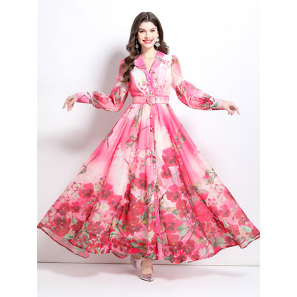 spring and summer new watercolor flower shirt-style long dress