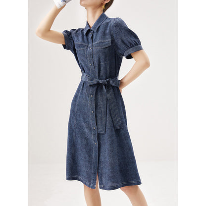 2025 Heavy silk dress, denim printing waist design, Hangzhou mulberry silk summer new women's skirt