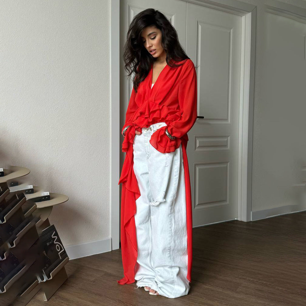 New temperament niche ruffle V-neck irregular mopping chiffon shirt versatile horn sleeve top premium