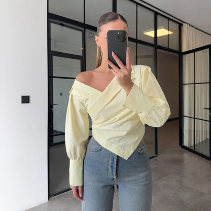 high-end light luxury summer solid color off-the-shoulder lapel lantern cuff waist design long-sleeved shirt