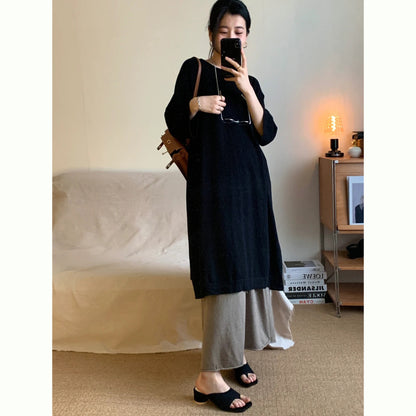Siyuan [wool silhouette dress] minimalist style soft camel round neck lazy loose dress women 8927