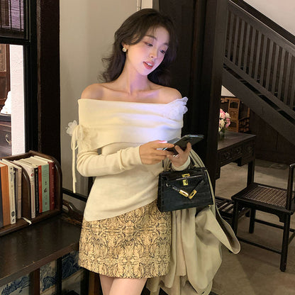 2025 spring new Korean version of flower temperament one-word neck wool knitted sweater women's top 25188