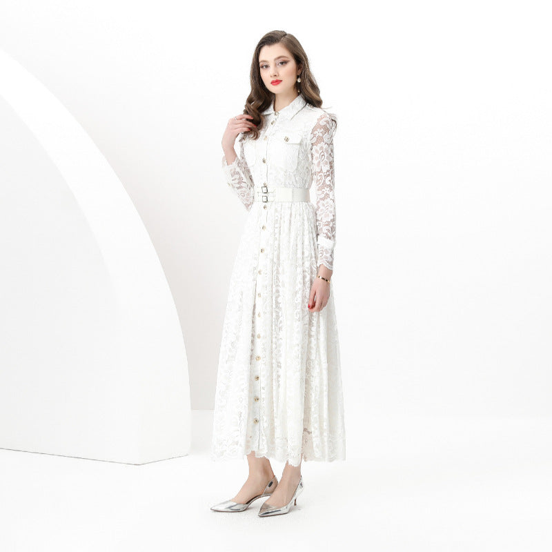 Early Spring - Holiday Pleated Waist Wide Pendulum Lace Long Tooling Dress