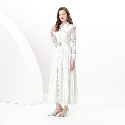 Early Spring - Holiday Pleated Waist Wide Pendulum Lace Long Tooling Dress