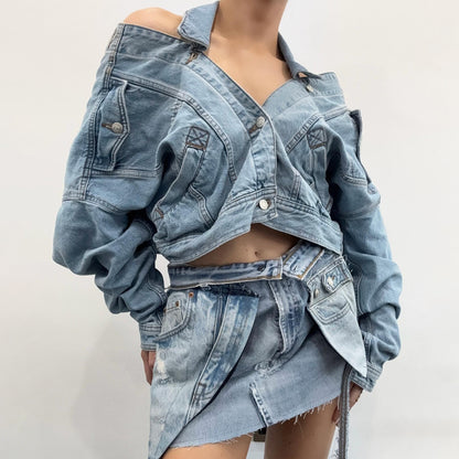 design sense niche street style hot girl hanging neck open button loose top irregular short skirt denim suit women