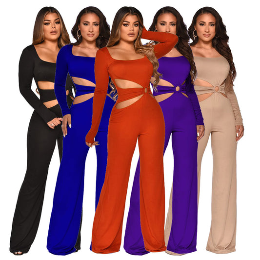 flowersverse K9985 Cross-Border Supply  Independent Station HOTan and NEWn Hot Women's Clothing Sexy Waist Hollow-out Slim Fit Long Sleeve Jumpsuit