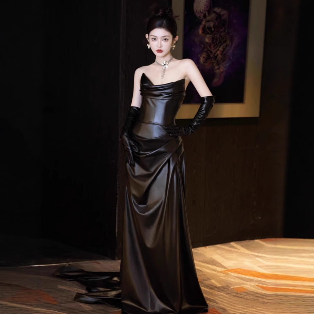 2025 Evening dress  new black leather skirt high-end light luxury niche wedding morning gown female bride toast dress spring