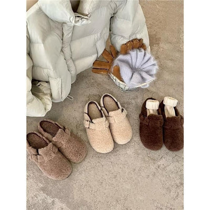 2025  Autumn and winter warm fluffy Birkenstocks bag head half slippers women wear velvet cotton slippers