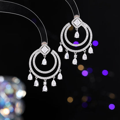 2025 S925 silver needle temperament micro-inlaid zircon light luxury high-end earrings design double-layer ring water drop fringed earrings