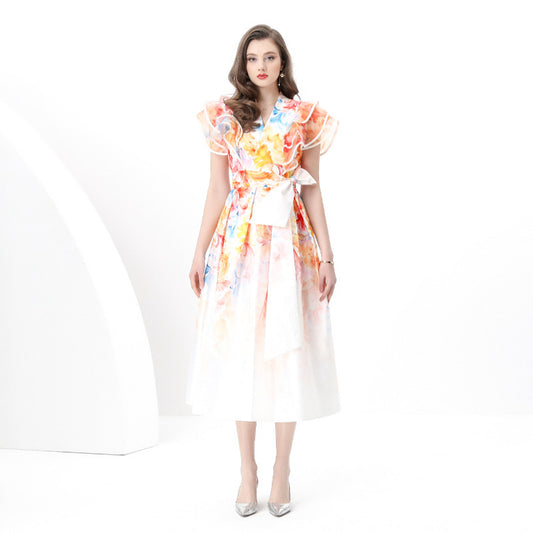 Court  Dress Women's  Fashion V-Neck Lotus Leaf Sleeve Waist Skinny Printed Dress