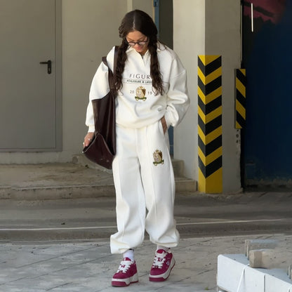 Popularan beautiful women's fashion letter medal embroidered sweater fashion sports and leisure two-piece set women's white simple trousers