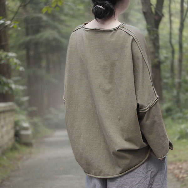 Spring and Autumn Skin-friendly Soft Pullover T-Shirt Washed Cotton Blended Irregular Knitted Splicing Top