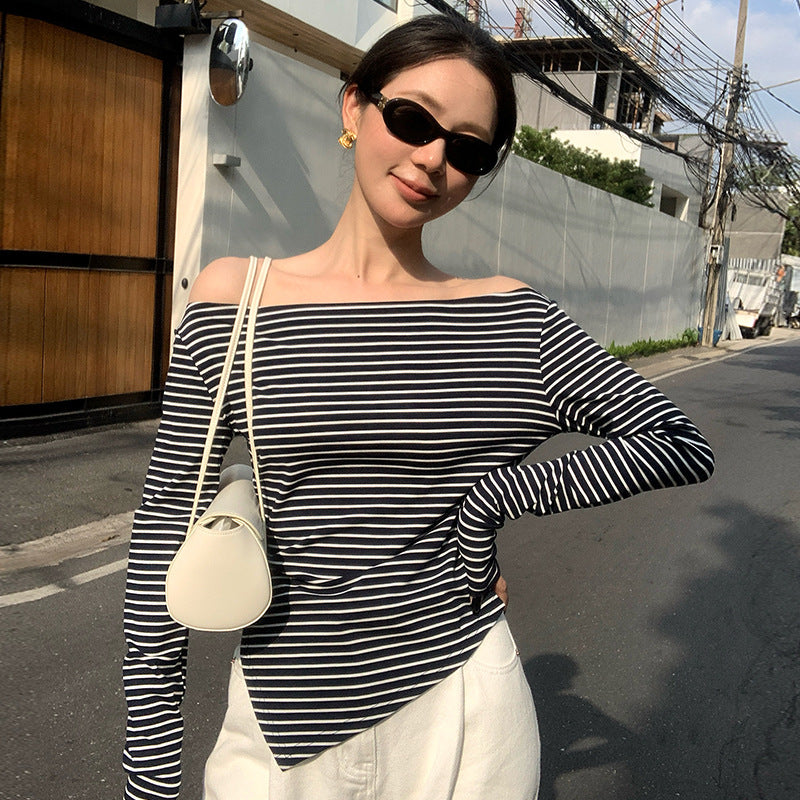 2025 spring new ins temperament off-the-shoulder striped bottoming shirt long-sleeved knitted sweater women's top 89301