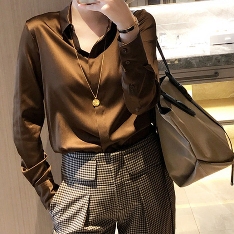 2025 Chocolate silk shirt heavy 23 mmi  summer Hangzhou four-season green women's shirt long-sleeved top