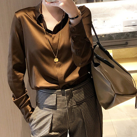 2025 Chocolate silk shirt heavy 23 mmi  summer Hangzhou four-season green women's shirt long-sleeved top