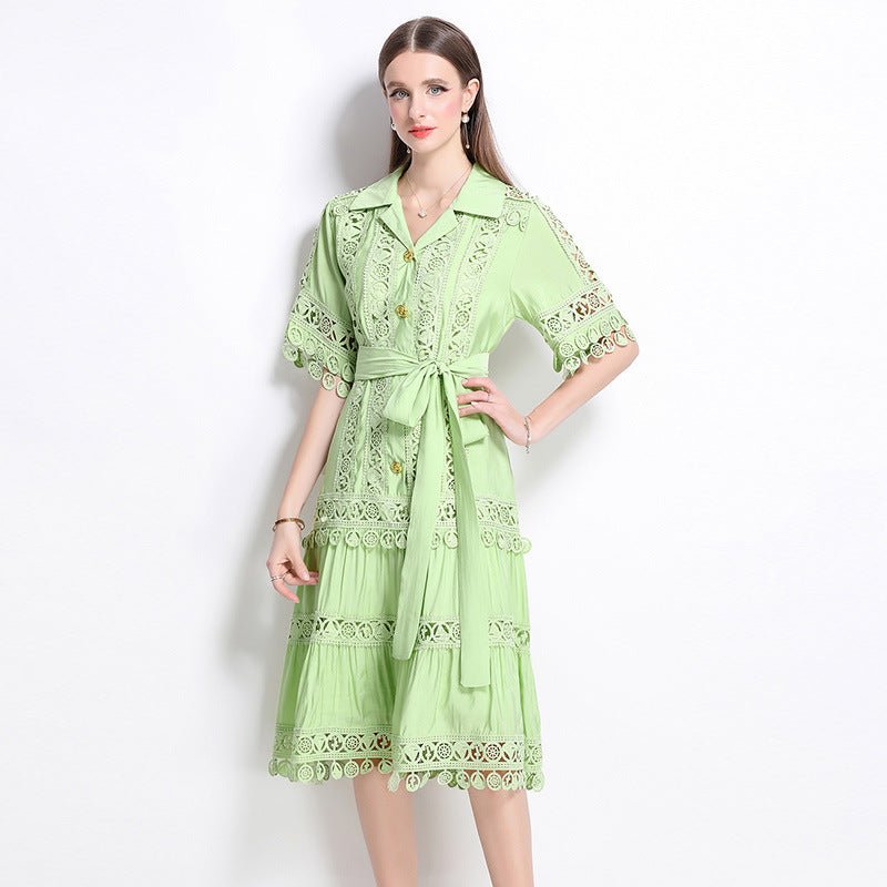 court style hollow lace splicing lapel short-sleeved dress women's lace-up waist elegant pendulum medium and long dress