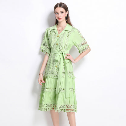 court style hollow lace splicing lapel short-sleeved dress women's lace-up waist elegant pendulum medium and long dress