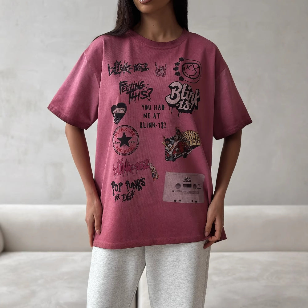 Cross-border  niche personalized printing graffiti n loose short-sleeved T-shirt summer thin outer casual top
