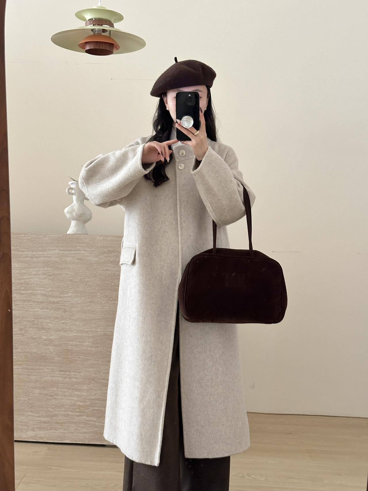 2025 Solid color stand-up collar extended strap-up high-end double-sided woolen cashmere coat women's wool woolen coat to keep warm in autumn and winter