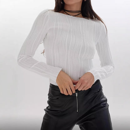 FLOWERSVERSE 2025 New 2025 style women's clothing spring and autumn new fashion casual texture round neck long sleeve slim T-shirt bottoming shirt