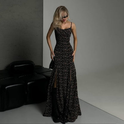 temperament niche new high split tie halter suspender floral dress female hip wrap sexy New