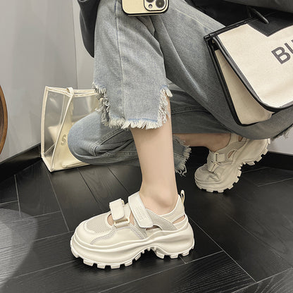 2025 Velcro leather thick-soled dad shoes women's breathable mesh hollow mesh shoes sandals student leisure sports little white shoes