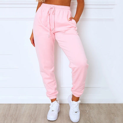 2025 style autumn and winter explosion bundle small feet fleece sweatpants women's casual versatile straps waist thin loose trousers