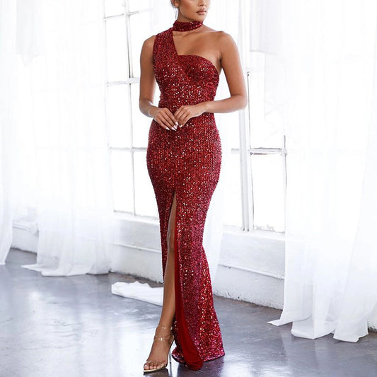 FLOWERSVERSE 2025 Chuyi Hot Trade  High Waist Red Flying Long Dress Chest Wrap Temperament Commuter Sequins Solid Color Dress