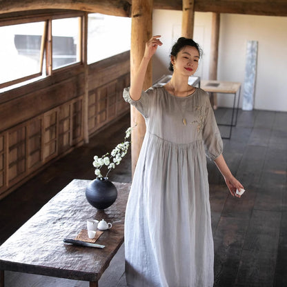 2025 spring and summer new product embroidery pure ramie gentle wind dress women's summer light and thin round neck loose long dress B0458