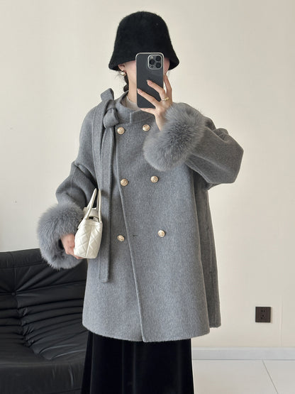2025 Bow fox hair cuffs shoulder sleeves stand neck double breasted double-sided wool woolen coat jacket warm autumn and winter