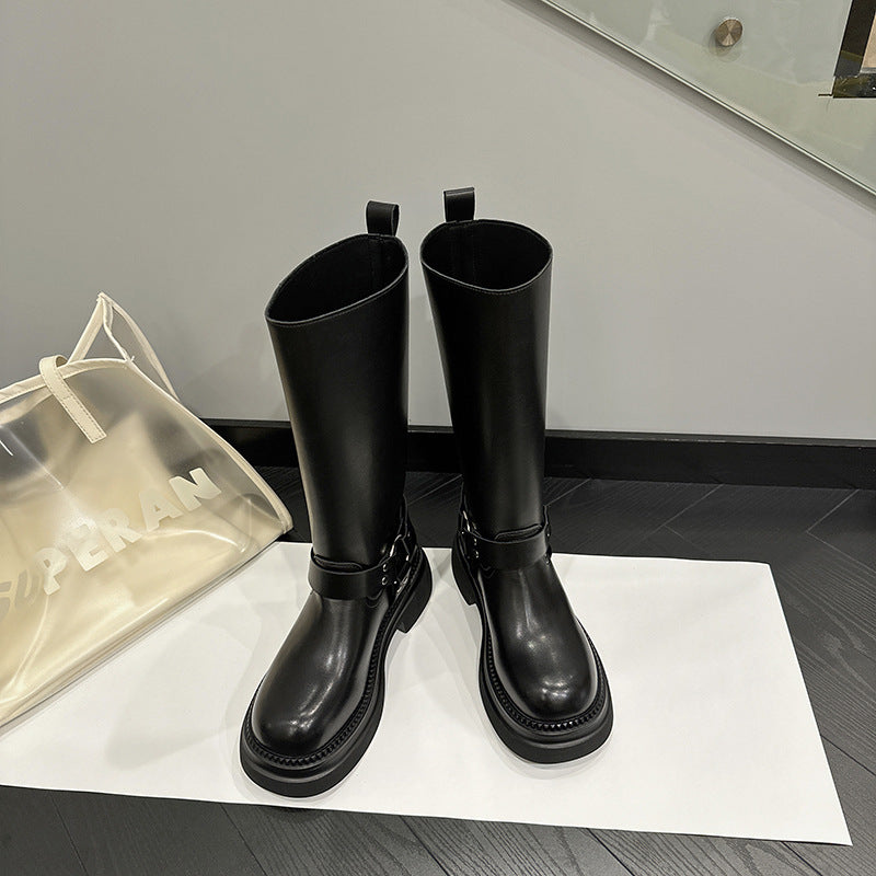 2025 Boots Women's but knee knight boots  autumn new thick-soled heightening locomotive boots belt buckle high boots