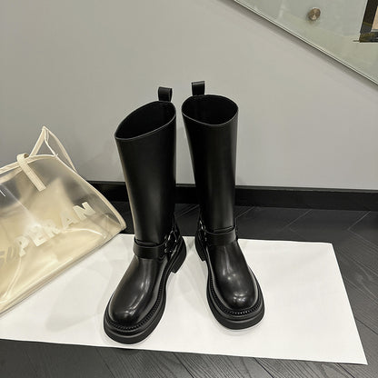 2025 Boots Women's but knee knight boots  autumn new thick-soled heightening locomotive boots belt buckle high boots