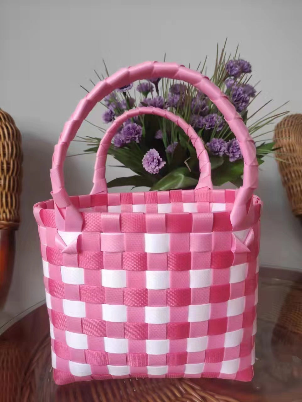 FLOWERSVERSE  Free Shipping Popular Small Bag Vegetable Basket PVC Woven Bag Open Children Small Clutch Hand Gift Bag Women's Bag